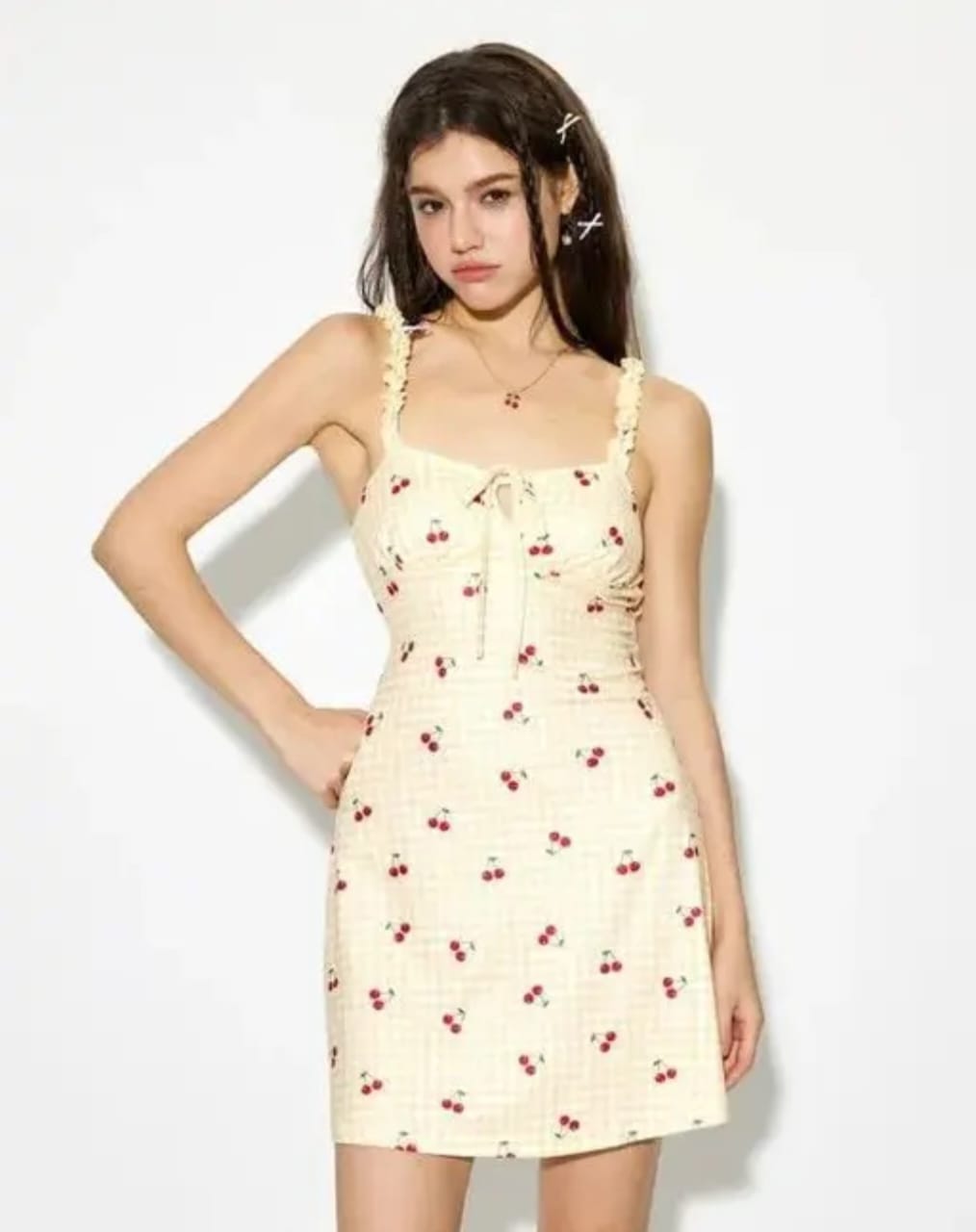 Women’s Cream Cherry Print Sleeveless Mini Dress