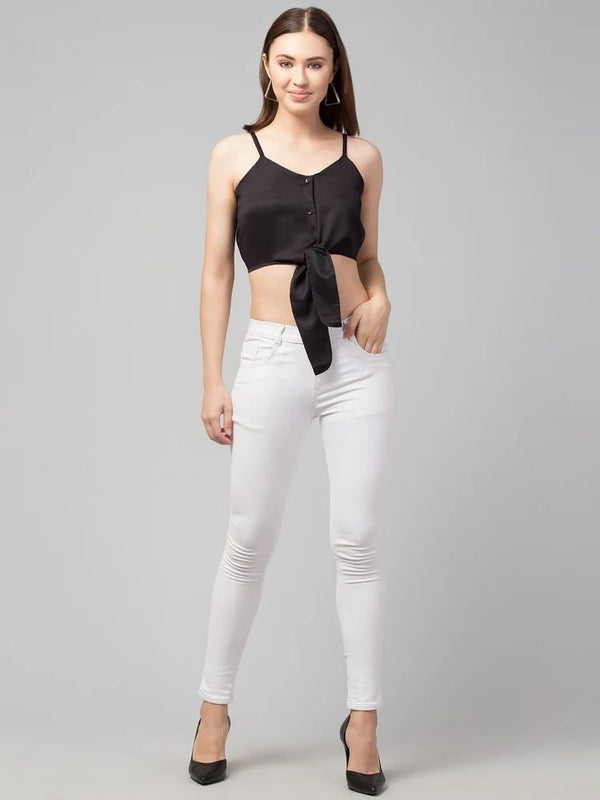 Women’s Black Satin Tie-Front Crop Top with Spaghetti Straps