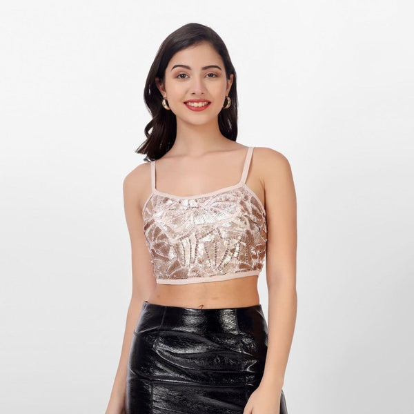 Women’s Rose Gold Sequin Crop Top with Spaghetti Straps