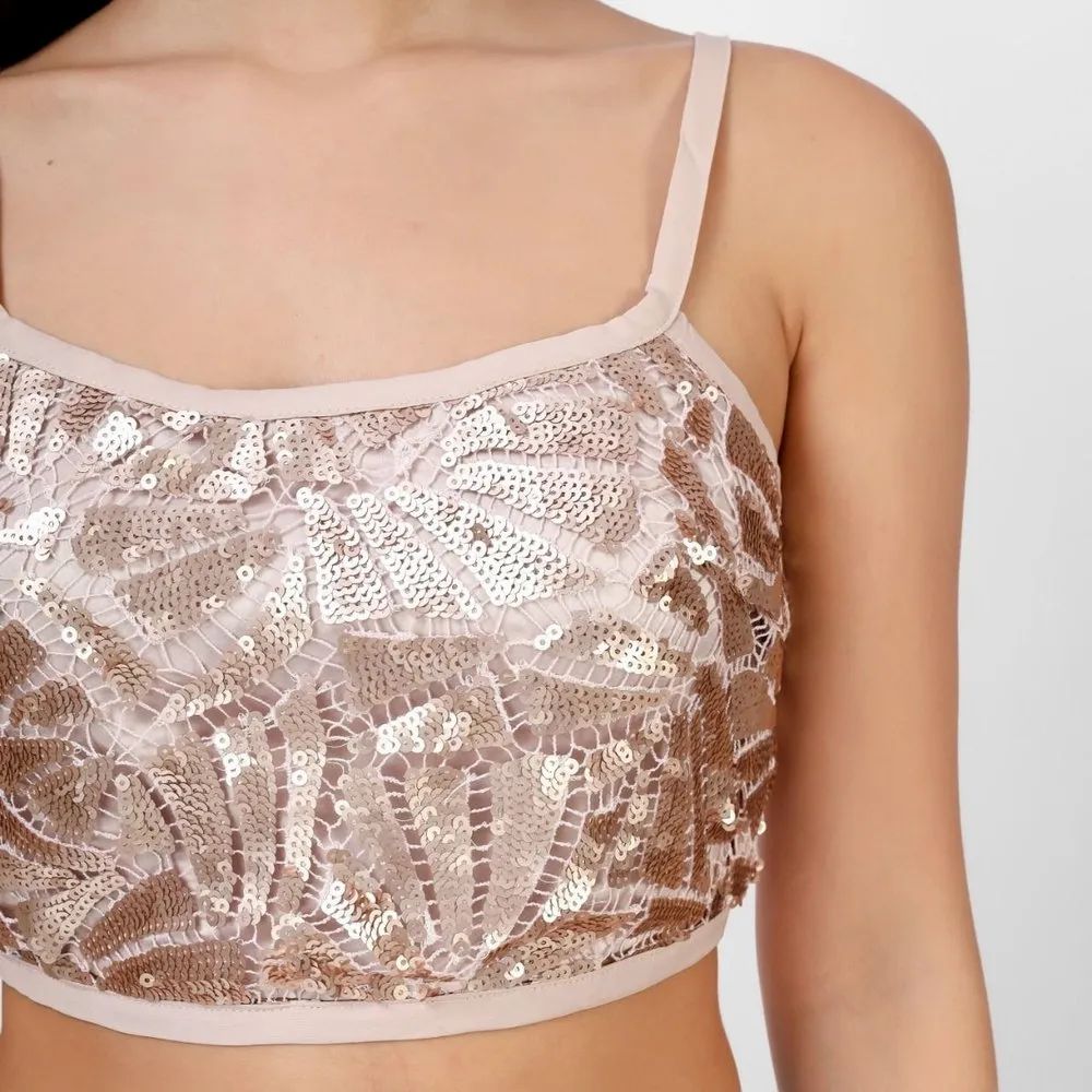 Women’s Rose Gold Sequin Crop Top with Spaghetti Straps