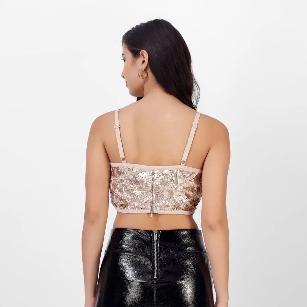 Women’s Rose Gold Sequin Crop Top with Spaghetti Straps