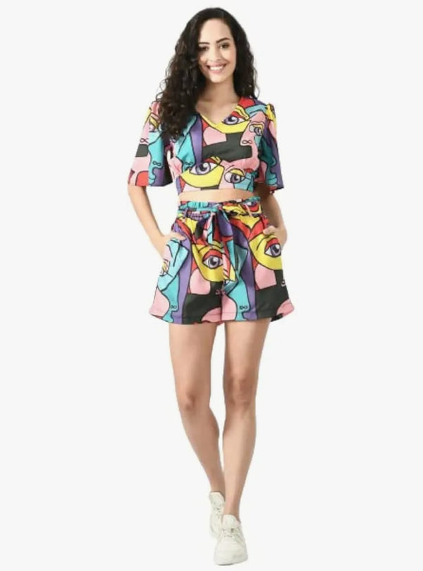 Women’s Abstract Printed Butterfly Sleeve Crop Top & Shorts Co-ord Set