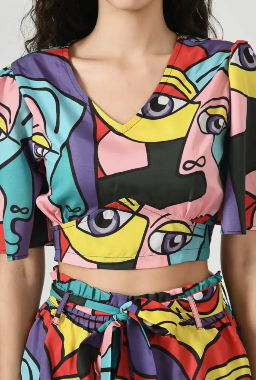 Women’s Abstract Printed Butterfly Sleeve Crop Top & Shorts Co-ord Set