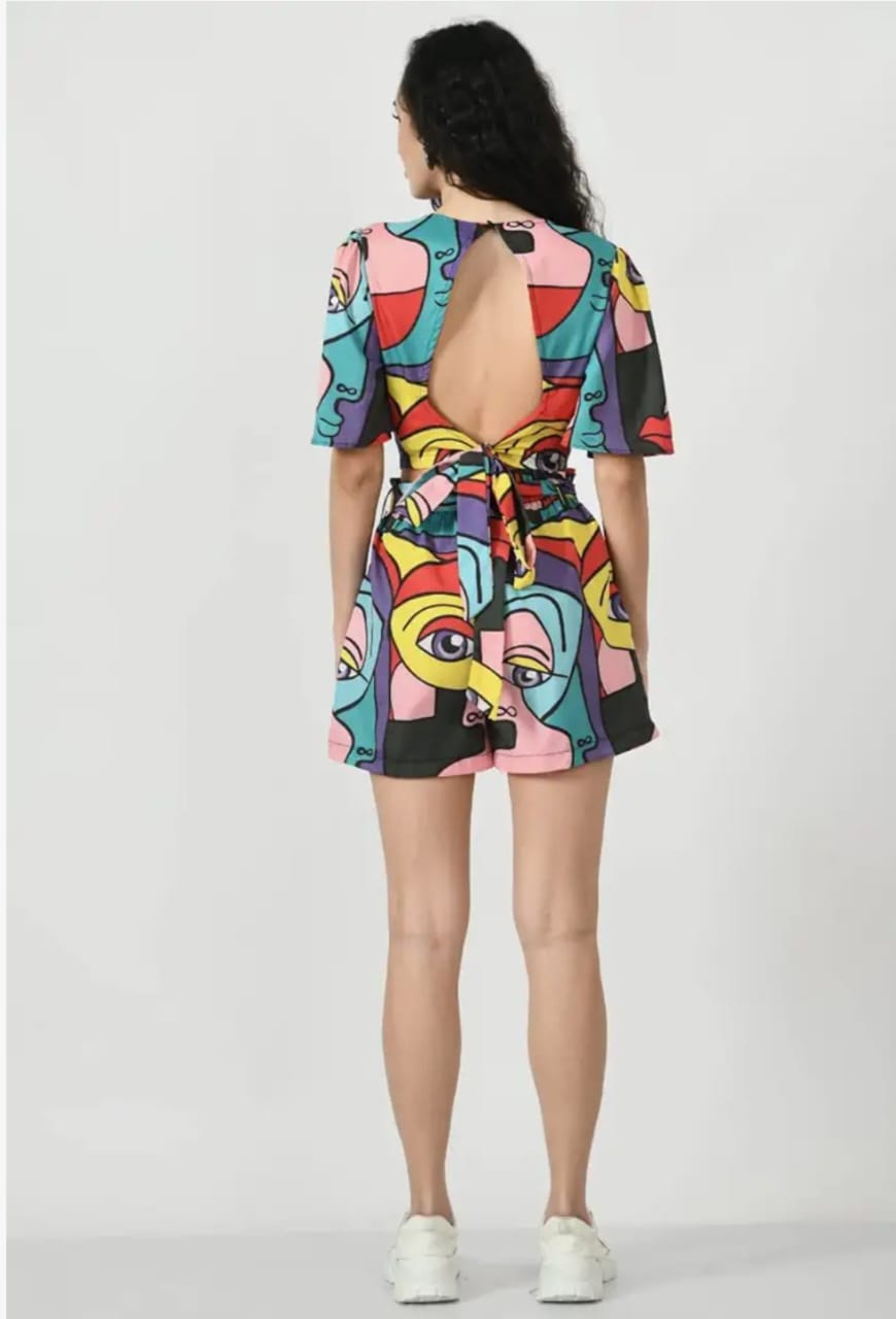 Women’s Abstract Printed Butterfly Sleeve Crop Top & Shorts Co-ord Set