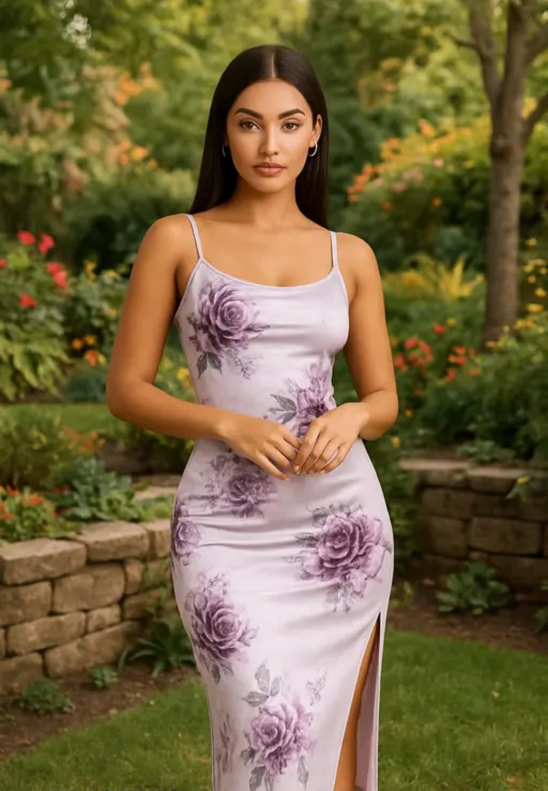 Women’s Lavender Floral Print Bodycon Maxi Dress with Side Slit