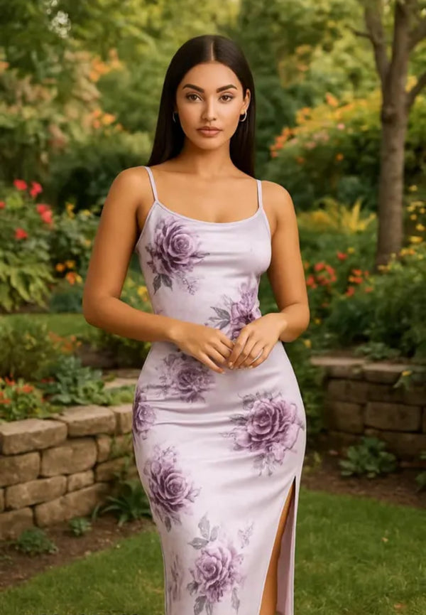 Women’s Lavender Floral Print Bodycon Maxi Dress with Side Slit