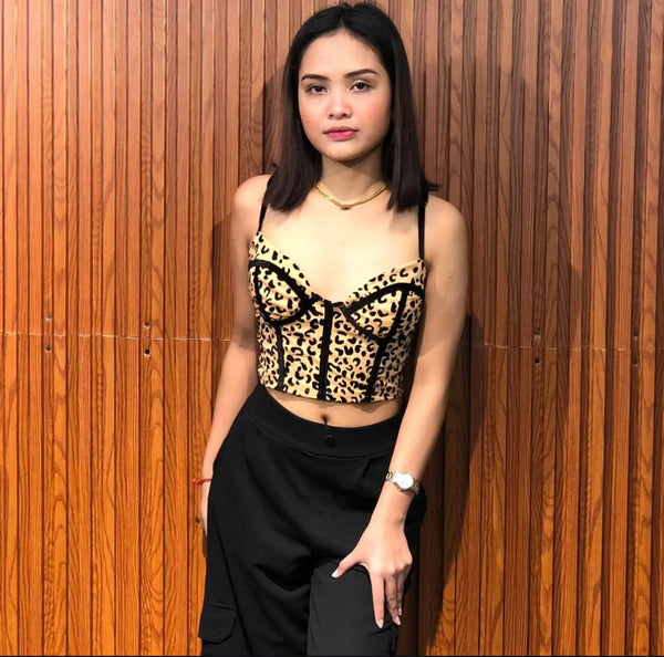 Women’s Leopard Print Bustier Crop Top with Spaghetti Straps