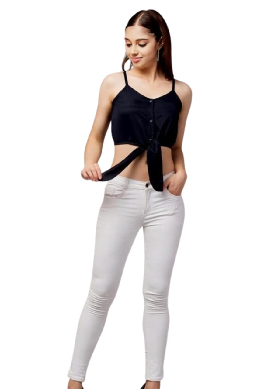 Women’s Black Satin Tie-Front Crop Top with Spaghetti Straps