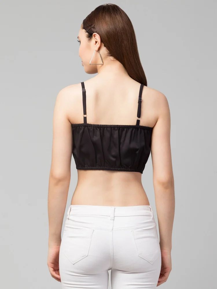 Women’s Black Satin Tie-Front Crop Top with Spaghetti Straps